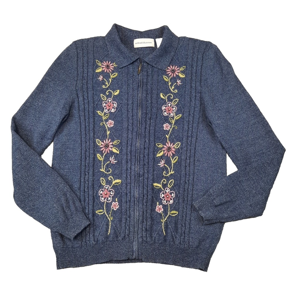 VTG Cottagecore Cardigan Sweater Size Small Blue Floral Embroidered Grandmacore